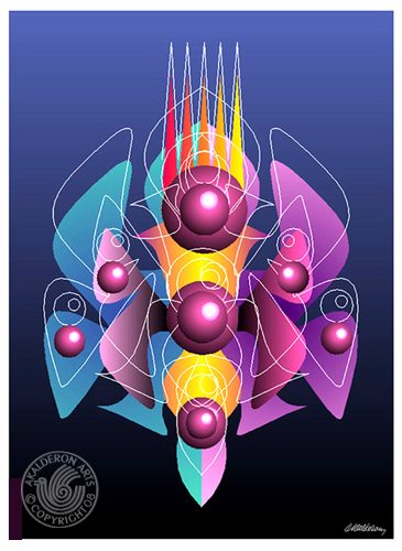 Digital art 'Space Embrio': a symmetrical abstract form of glowing spheres and radiating spikes in pink, teal and gold on a dark blue background.