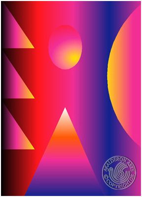 Abstract print 'Space Objects': a gradient composition of triangles, an oval and a curved arc in red, pink, blue and orange tones.