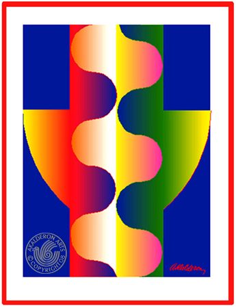 Abstract print 'Space Objects B': undulating wave shapes in red, gold, pink and green forming a symmetrical goblet-like silhouette on blue.