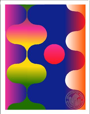 Abstract print 'Space Voices 2': smooth curved bulbous forms in purple, magenta, yellow-green and orange, with a small red circle at centre.