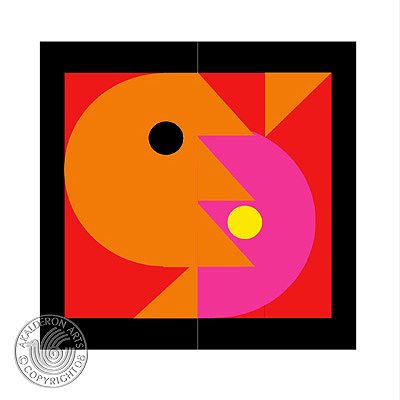 Graphic panel 'Summer A': geometric composition of red wavy shapes on blue at left and green triangles with a yellow-ringed red dot at right, black border.