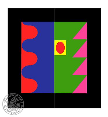 Graphic panel 'Summer B': flat geometric shapes of red, pink and yellow triangles forming an arrow-like fish shape against blue and black.