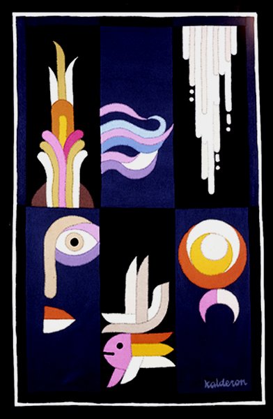 Series 'The Six Day Creation' tapestry: six narrow vertical panels showing an eye, ribbon forms, dripping light, a bird and fish, and a crescent moon on black.