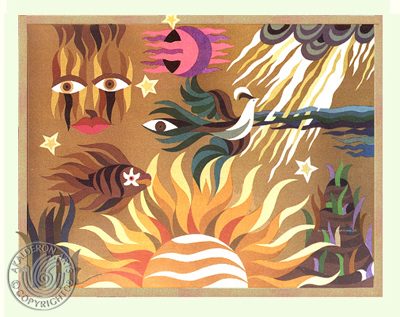 Print 'The Creation Print': a decorative Hebrew-inscribed scene of falling raindrops above rolling blue and purple waves within an arched frame.