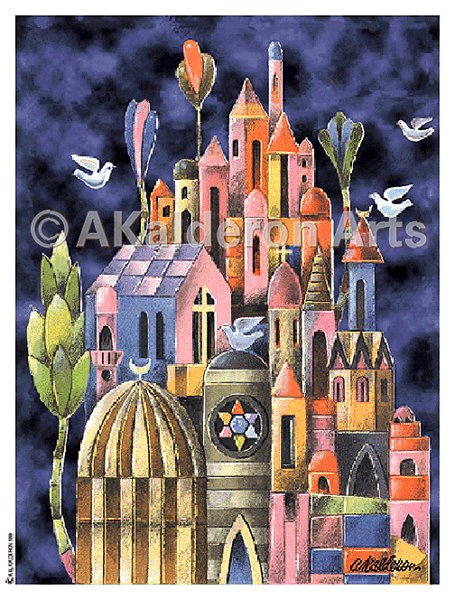 Painting 'Towers of Love': a night-time cluster of ornate towers and domes in pink, gold and blue with doves flying above, on a deep indigo sky.