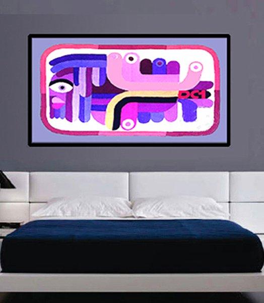 Tapestry 'Transformation': an abstract composition of a stylised bird and eye motifs in pink, purple and cream within a rounded rectangular frame.