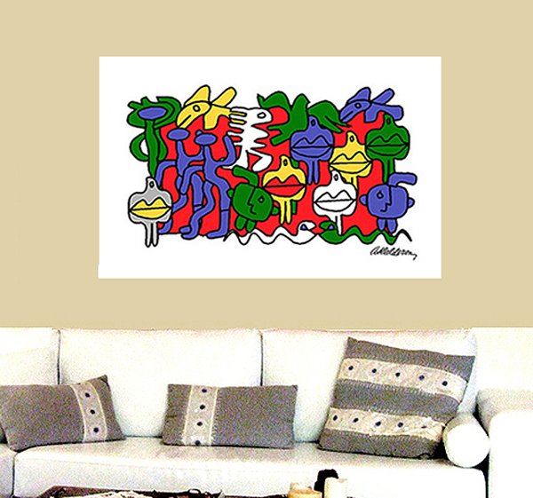 Illustration 'Tropicana': a playful grid of cartoonish creature and face shapes in red, green, blue and yellow on a white background.