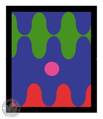 Graphic panel 'Winter': symmetrical wavy green and red shapes on a deep blue ground with a small pink dot at centre, framed in black.
