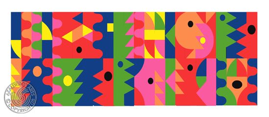 Print 'Year's Seasons': a grid of colourful geometric panels combining triangles, circles and stylised faces in red, blue, pink and green.