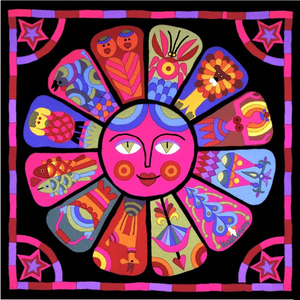 Tapestry 'Zodiac 75': a circular sun-faced medallion surrounded by twelve petal-shaped zodiac illustrations in bright colours, bordered by stars.