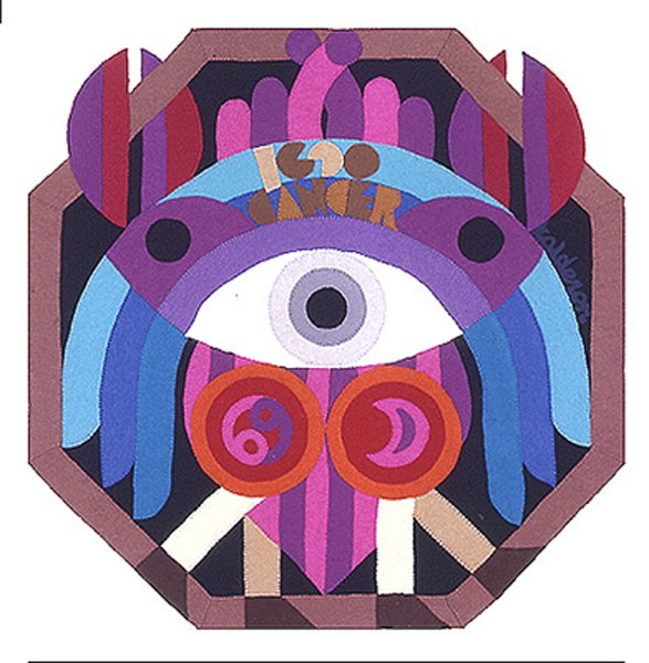Tapestry 'Zodiacs Cancer': an octagonal design of a large stylised eye framed by striped crab-like forms in blue, purple and red.