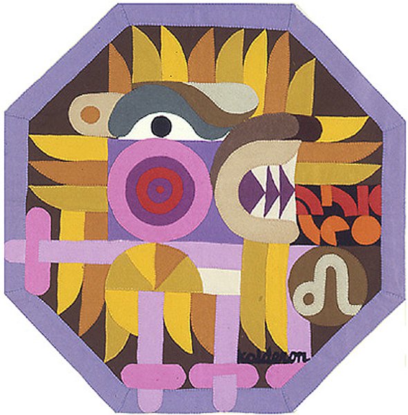 Tapestry 'Zodiacs Leo': an octagonal design of a stylised lion face with a mane of yellow and brown rays and bared teeth, on lavender border.