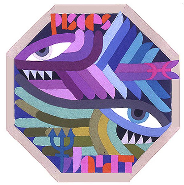 Tapestry 'Zodiacs Pisces': an octagonal design of two intertwined fish forms with large eyes, in blue, purple and teal tones.