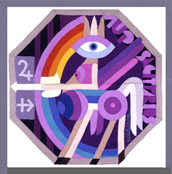 Tapestry 'Zodiacs Sagitarius': an octagonal design of a centaur archer figure with a rainbow arc, in purple and blue tones.