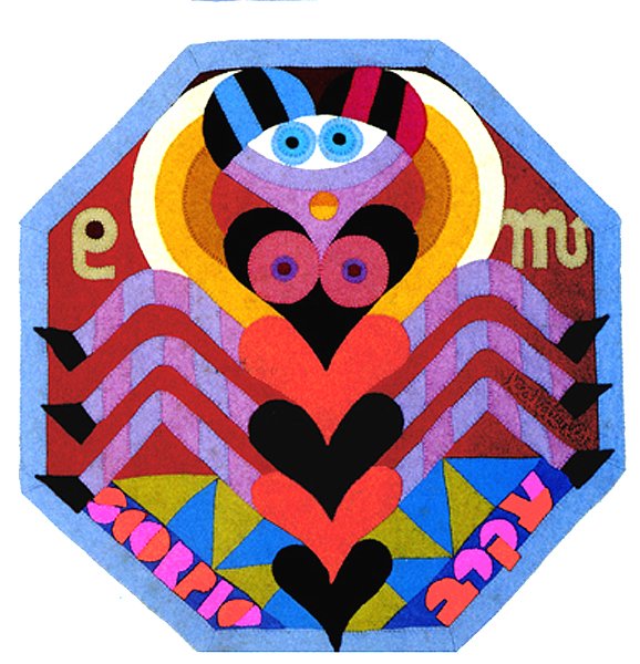Tapestry 'Zodiacs Scorpio': an octagonal design of a striped face above rows of red hearts suggesting a scorpion's segmented tail, on maroon.