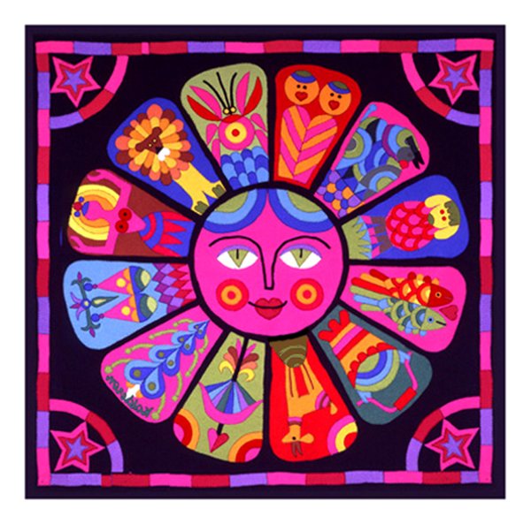 Tapestry 'Zodiacs': a circular sun-faced medallion surrounded by twelve petal-shaped zodiac illustrations in bright colours, bordered by stars.