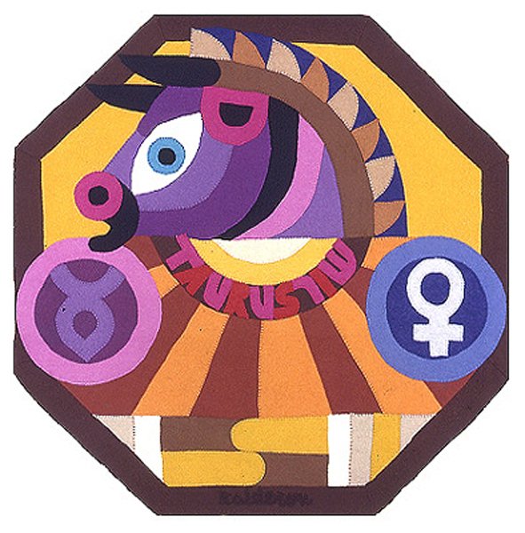 Tapestry 'Zodiacs Taurus': an octagonal design of a stylised bull's head with a blue eye and pink horns, flanked by a Taurus symbol and Venus sign.