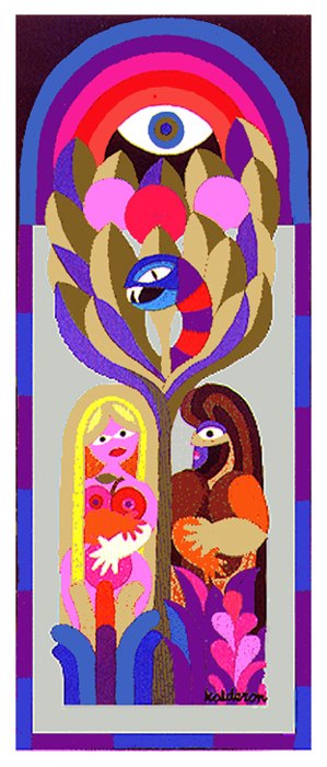 Tapestry 'Adam & Eve': a stylized tree with a large eye above blooming petals, a fair-haired woman and dark-haired man standing beneath with a rooster, bold blues and browns.