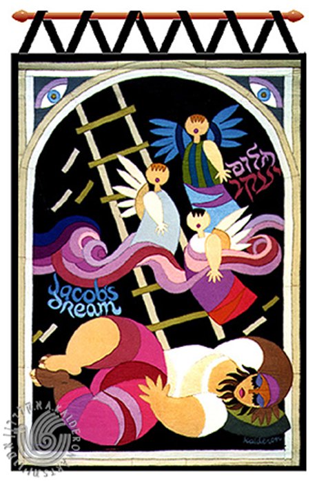 Tapestry 'Jacob's Dream': a man asleep at the base of a ladder reaching to the sky, three winged angels ascending in pink and blue, Hebrew text beside a striped arched border.