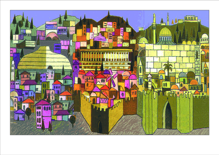 Print 'Jerusalem's Overview': a wide panoramic skyline of the Old City in pastel pink, green and gold blocks, golden and grey domes rising above stacked houses and walls.