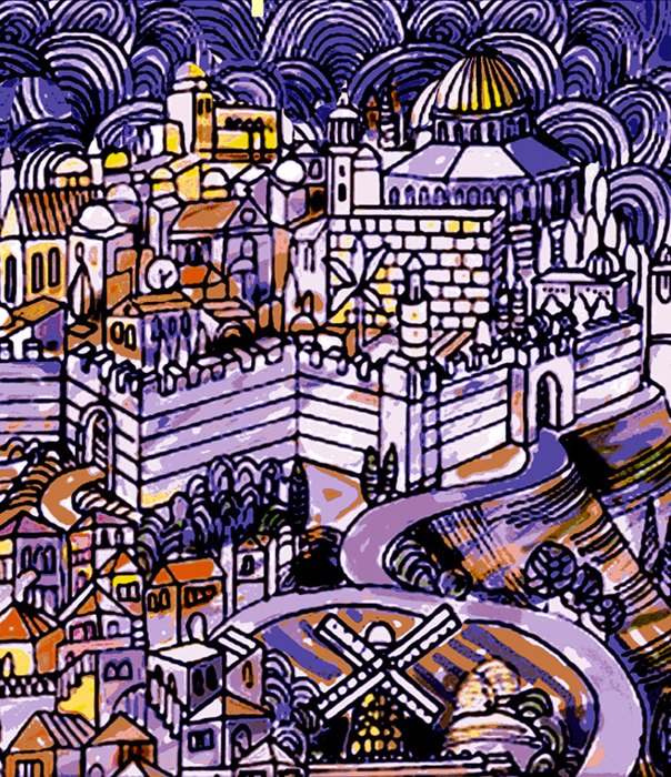 Illustration 'Jerusalem the Old': a moody purple and gold cityscape at night with domes, minarets and a stone wall, a windmill visible near curving lower streets.