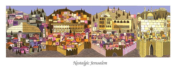 Illustration 'Nostalgic Jerusalem': a long horizontal skyline of domes, arches and rooftops in muted pink, mauve and gold tones with the title lettered beneath.