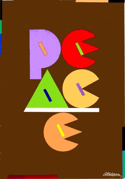 Print 'Peace Original': the word PEACE spelled in colorful geometric shapes—triangle, circles and half-circles—on a plain brown background.
