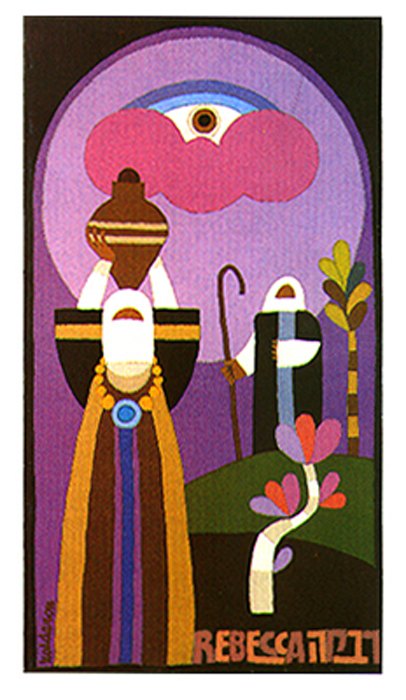 Tapestry 'Rebecca': a woman carrying a water jug on her shoulder beside a man with a staff, a large stylized eye above in a glowing purple arch, Hebrew name at base.