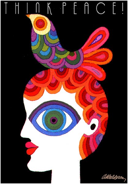 Print 'Think Peace!': a woman's profile with a single large blue eye and pink lips, a rainbow-feathered bird perched atop her swirling red-orange hair, on black.