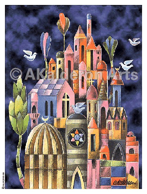 Illustration 'Towers of Love': a cluster of ornate pastel towers, domes and a Star-of-David window rising against a deep indigo sky with white doves flying overhead.