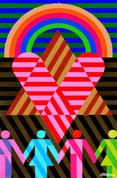 Print 'We Love Israel': a striped rainbow arch over a red-and-pink Star of David heart, four colorful linked figures marching below in a striped pattern.