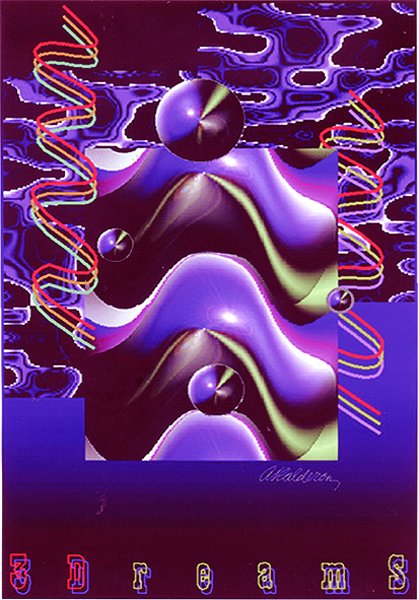 Poster 3Dreams: glossy purple 3D wave forms and spheres float amid neon zigzag ribbons on a deep purple textured background; title '3Dreams' in candy-striped red and yellow letters below.