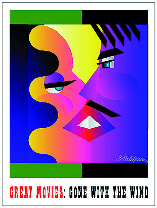 Poster Great Movies Gone With The Wind: an abstract split face in orange, yellow, magenta and blue blocks with a white triangular nose; caption reads 'Great Movies: Gone with the Wind'.