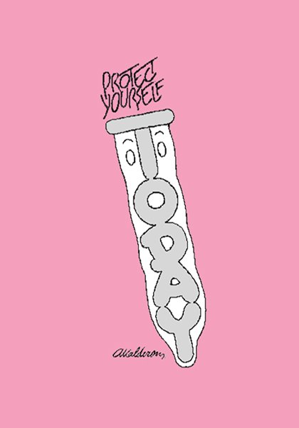Social-issue poster Protect Yourself Today: a pink background with a simple line-drawn condom character shaped like the word 'Today'; headline reads 'Protect Yourself Today'.