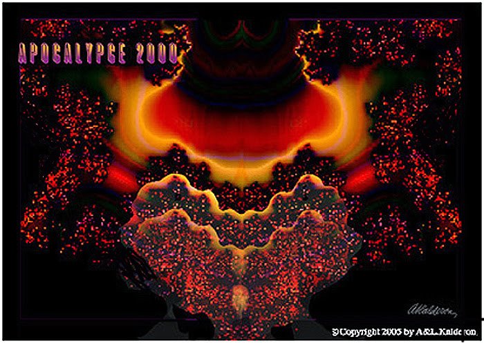 Poster Apocalypse 2000: a fiery, fractal mushroom-cloud-like burst in red, orange and black with sparkling red particles; headline reads 'Apocalypse 2000'.