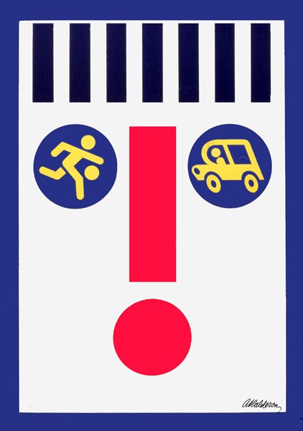 Social-issue poster 'Children's Car Accidents': a striped crosswalk pattern above blue circular icons of a running child and a car flanking a red exclamation mark on white.