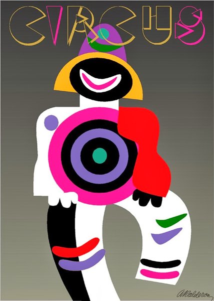 Poster 'Circus': a whimsical clown-like figure with a purple hat, pink smile, and concentric black-pink-purple target chest, rendered in bold flat colours; title 'Circus' in playful gold script above.