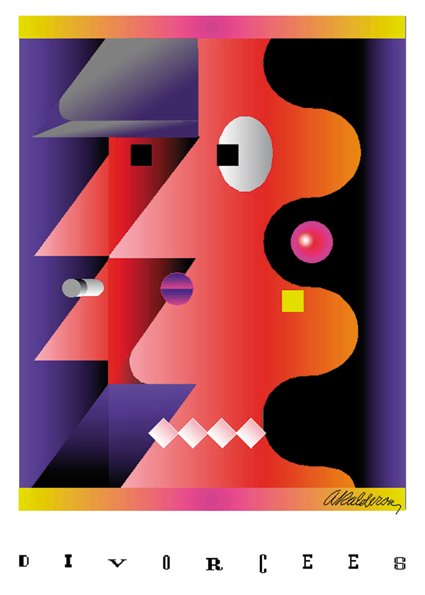 Poster 'Devorcees Humor': an abstract angular face split into red, orange and purple geometric planes with a white oval eye and yellow square nose against black; text reads 'Divorcees'.