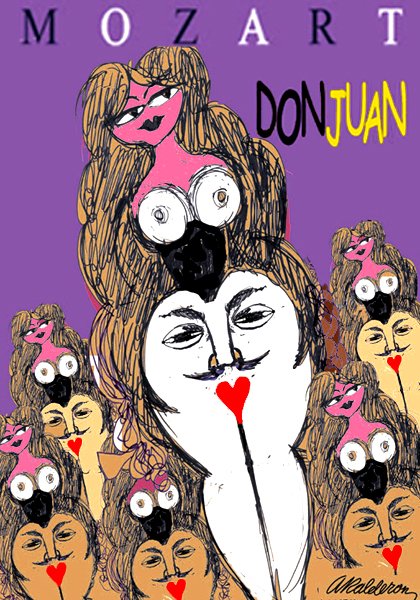 Poster 'Don Juan Opera': a stylised ink-drawn woman's face with flowing brown hair, red heart-shaped mouth, surrounded by small pink devil figures on a purple ground; headline reads 'Mozart Don Juan'.