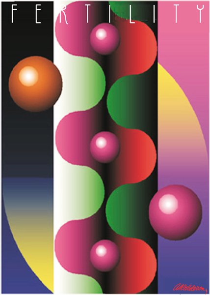 Poster 'Fertility': vertical wavy stripes in green, red, pink and black with three glossy spheres stacked down the centre and two round orbs at the sides on a gradient blue-black background; headline reads 'Fertility'.