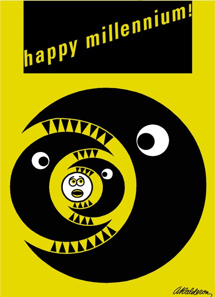 Poster 'Happy Millennium': a bold black crescent-moon spiral with cartoon eyes and a startled face at its centre on a bright yellow background; headline reads 'happy millennium!'.