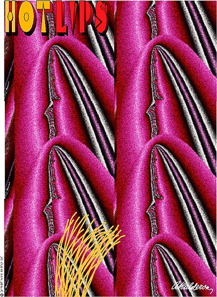 Commercial poster 'Hot Lips Night Club': an abstract close-up of glossy magenta folds resembling lips with fine yellow strands at the base, repeated in a mirrored pattern; headline reads 'Hot Lips'.
