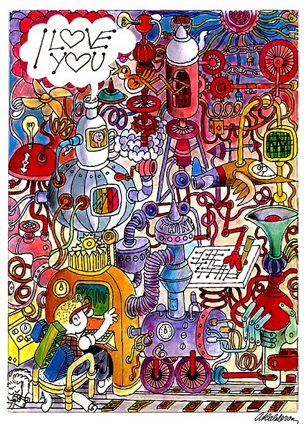 Poster 'I Love You': a dense psychedelic maze of colorful pipes, flasks, gears and a clown figure at the base; headline 'I Love You' in hand-lettering top left.