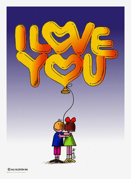 Poster 'I Love You Children': orange balloon-letters spelling 'I Love You' forming a heart on a purple-blue gradient sky, two child silhouettes hugging below.