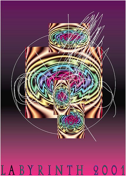 Poster 'Labyrinth 2001': an abstract fractal spiral of teal, pink and gold rings and swirling white lines centered on a purple-to-gold gradient background; text reads 'Labyrinth 2001'.