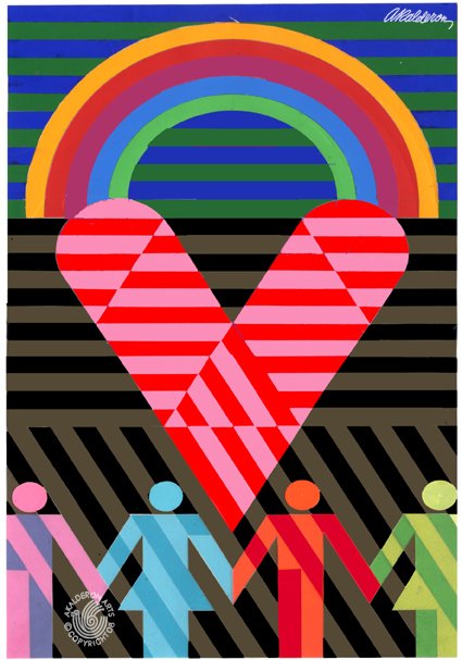 Social-issue poster 'Let's Go Together': a rainbow arcs over a striped chevron heart in pink and red, above a row of multicolored silhouette figures holding hands.