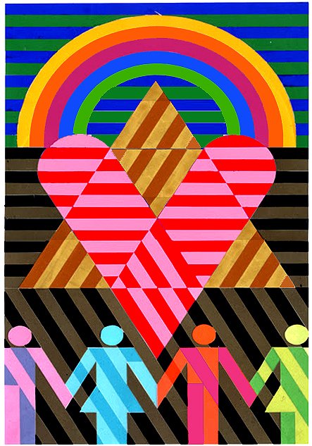 Poster 'Love to Israel 2014': a rainbow arcs over a red-striped Star of David overlapping a pink heart, above four striped figures holding hands on a striped ground.