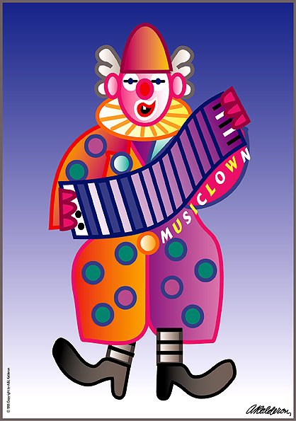 Poster 'Musiclown Decorative': a colourful polka-dot clown in pink, orange and purple holds a striped accordion labelled 'Musiclown' against a deep blue gradient background.