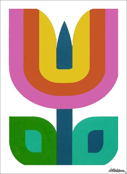 Poster 'National Insurance': a stylised tulip made of concentric pink, orange and yellow arcs with a blue stem and two leaves on a white ground.