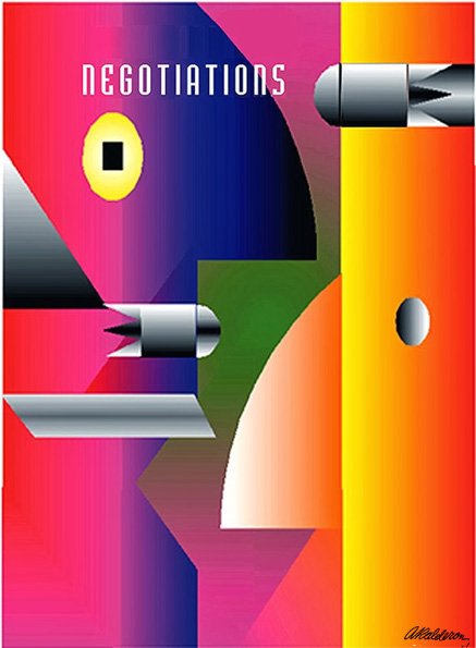 Poster 'Negotiations': abstract geometric shapes in pink, blue, purple and orange with two interlocking metallic wrench-like forms meeting at centre; headline reads 'Negotiations'.